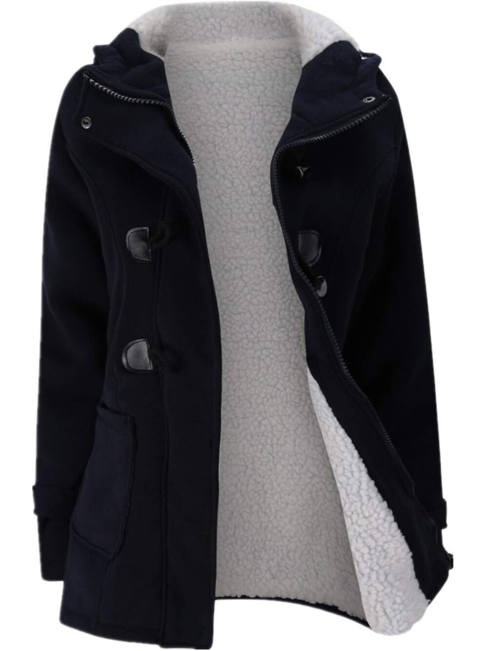 〽️Women's Dark Blue Fashion Button Fleece Thicken Hooded Winter Warm Coat Jacket